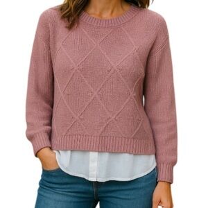 Suzy Shier Crew Neck Fooler Sweater Layered Look Pink White Cable Popcorn Knit L